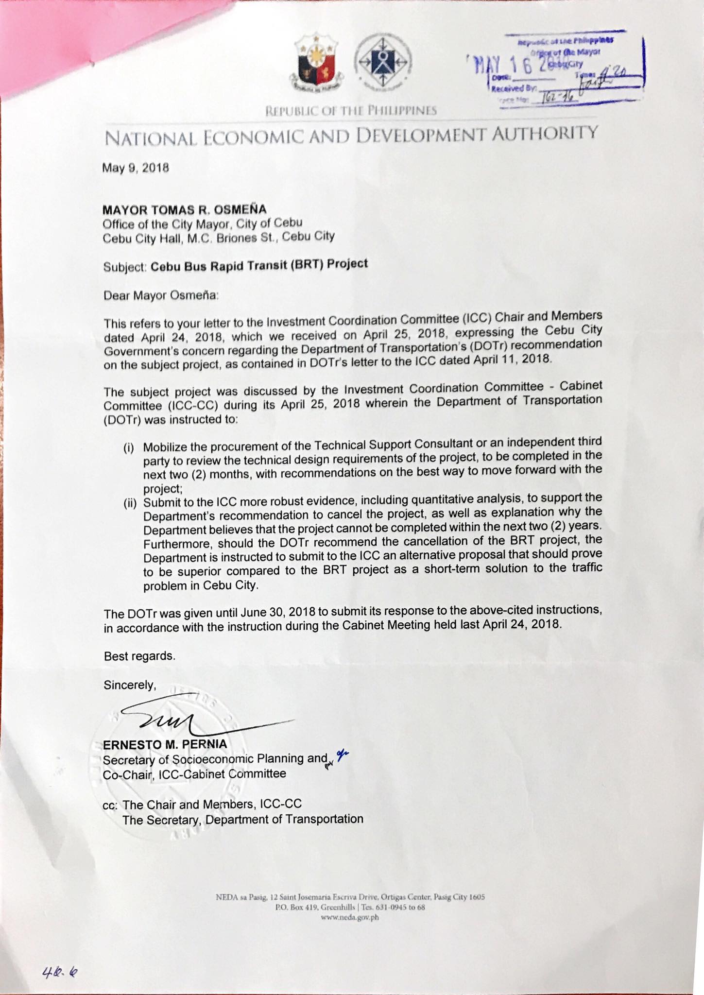 JUSTIFY. In a letter to Cebu City Mayor Tomas Osmeña, NEDA Secretary Ernesto Pernia says he had asked the DOTr to justify with 'quantitative analysis' its request to withdraw the BRT project. Sourced photo