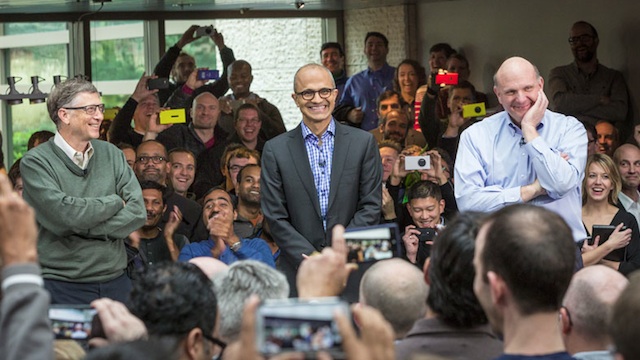 LINE OF SUCCESSION. (From L-R) Microsoft founder & technology adviser Bill Gates, new CEO Satya Nadella, and retiring CEO Steve Ballmer during a company meeting introducing Nadella to Microsoft employees at their headquarters in Seattle, Washington, USA, 4 February 2014. Image courtesy Microsoft