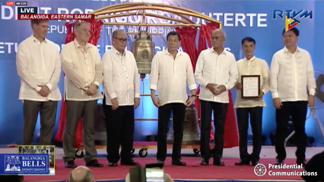 HOME. President Rodrigo Duterte attends the 'homecoming' ceremony and turnover of the transfer certificate of the Balangiga Bells in Eastern Samar. RTVM screenshot  
