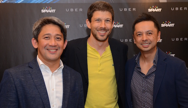 In photo: (L-R) PLDT/Smart EVP and head of Consumer Business Group Ariel P. Fermin, Uber Regional GM for Southeast Asia and Australia, New Zealand Mike Brown and Voyager Innovations FVP and group head for Business Development and International Partnerships Stephen Misa 