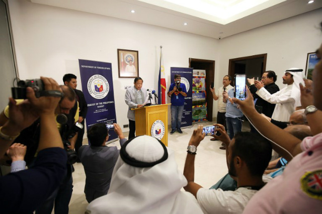 DIPLOMATIC ROW. Philippine Ambassador to Kuwait Renato Villa speaks during a press conference at the Philippine embassy in Kuwait City on April 21, 2018. File photo by AFP 