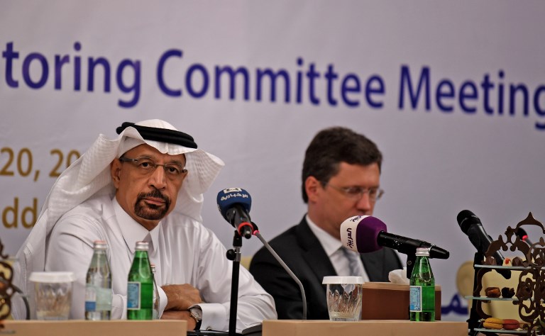 OIL PRODUCERS. File photo shows Saudi Energy Minister Khaled al-Faleh (left) and Russian Energy Minister Alexander Novak at a meeting of OPEC and non-OPEC members in Jeddah on April 20, 2018. Photo by Amer Hilabi/AFP 