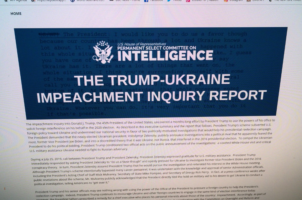 DAMAGING. This photo of a computer screen shows a copy of the Permanent Select Committee on Intelligence Report of The Trump-Ukraine Impeachment Inquiry Report on December 3, 2019 in Washington,DC.  Photo by Eric Baradat/AFP 