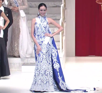 Felicia Hwang during the Evening Dress portion of the pageant. Her blue dress showed off an intricate cape. 