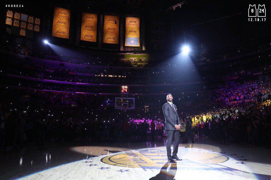 LEGEND. Kobe Bryant joins the ranks of Lakers greats O'Neal, West and Johnson as his jerseys retire in Staples Center. Photo from Twitter (@Lakers)  