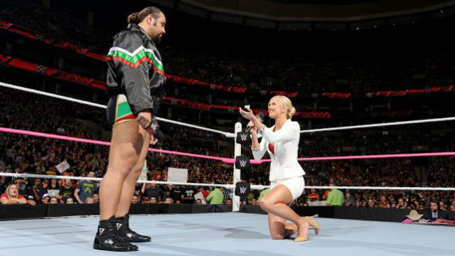 WILL YOU MARRY ME? Summer Rae proposes to Rusev during a previous Raw episode. Photo from WWE.com