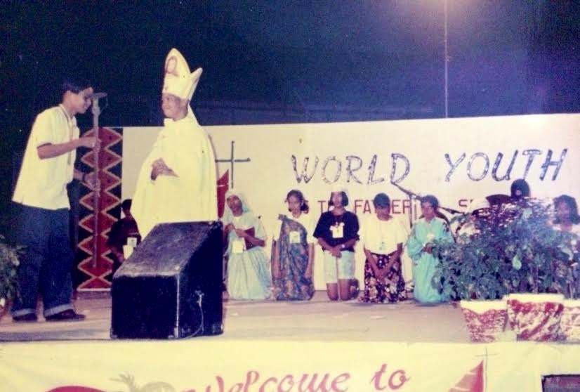 WORLD YOUTH. The author plays Pope John Paul II in a skit with other youth delegates showing their fun journey to Manila for the 10th World Youth Day in 1995. All photos by Voltaire Tupaz