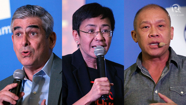 CHANGE THE WORLD. 'Social media is just your physical social network without the boundaries of time and space... If we can collectively act, we can change the world,' Rappler's Maria Ressa (center) says during the launch of Globe and Rappler's partnership for #PHVote, Friday, December 4, 2015. Also in the launch are Globe Chairman Jaime Augusto Zobel de Ayala (right) and Globe President and CEO Ernest Cu (left). Photos by Josh Albelda/Rappler    