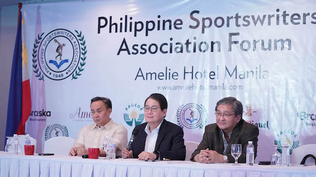 EMBATTLED. Philippine Olympic Committee (POC) president Ricky Vargas (center), chairman Bambol Tolentino (left) and Ed Picson (right) grace the weekly Philippine Sportswriters Association forum. Photo release 