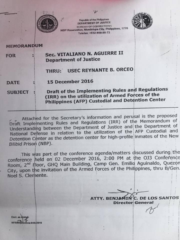 MEMO TO AGUIRRE. BuCor chief Benjamin Delos Santos informs DOJ Secretary Aguirre of the proposed guidelines in the use of the AFP Custodial and Detention Center. 