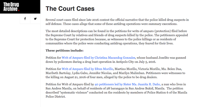 CASES MONITORED. The cases filed in court are listed and given a summary. Screengrab from The Drug Archive website  