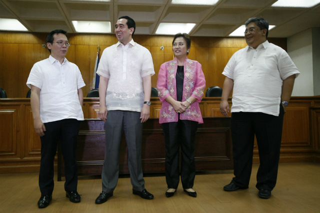RUNNING ELECTIONS. Four members of the seven-member Comelec – Chairman Andres Bautista (2nd from left), and Commissioners Christian Lim (1st), Rowena Guanzon, and Luie Guia – pose in this photo on May 4, 2015. File photo by Ben Nabong/Rappler 