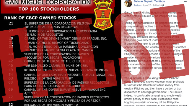 A screengrab of Delmar Topinio Tacloban's June 27 post showing 15 "CBCP-owned" stocks placed in San Miguel Corporation.  