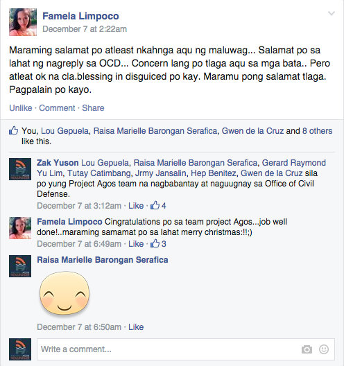 #RELIEFPH. Project Agos volunteers helped connect Typhoon Ruby survivors with their loved ones. Screen grab from Facebook