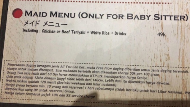'MAID MENU'. The supposed 'maid menu' spurs controversy online. Photo from Joko Anwar's Twitter. 