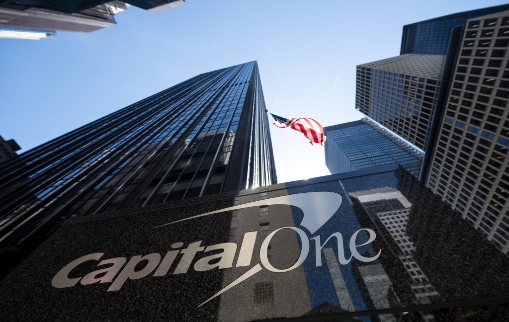 CAPITAL ONE. In this file photo taken on April 17, 2019 A US flag flies above the Capital One Bank Headquarters in New York City. 
Photo by Johannes Eisele/AFP 