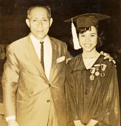 GRADUATION. Sen. Miriam Santiago with her father during her graduation from UP Visayas. Photo from the Senator's Facebook page.   