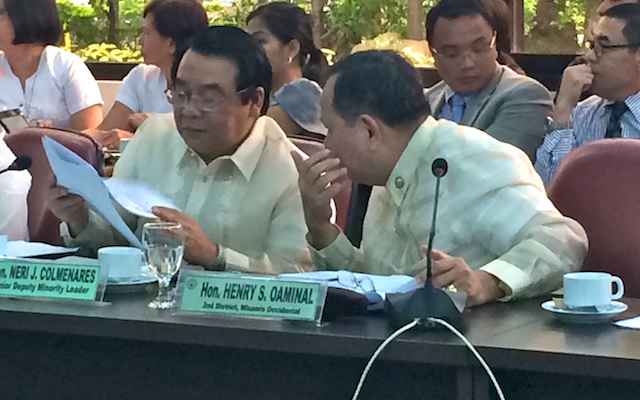 CONCERNS. Representatives Neri Colmenares and Henry Oaminal discuss among themselves during the House energy committee hearing on proposed special powers for President Benigno Aquino III to address the energy reserve shortfall in 2015. File photo by Rappler