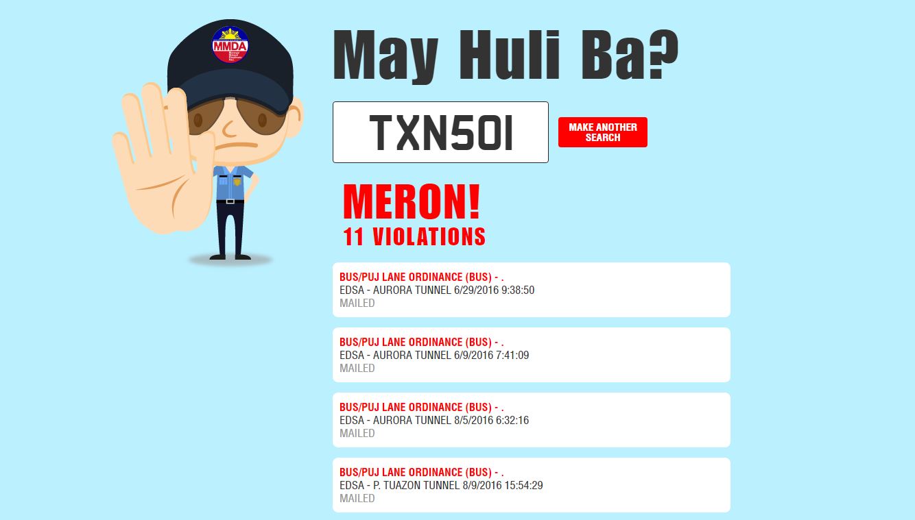 MAY HULI BA? The MMDA launches a website allowing motorists to check if they have committed a traffic violation. Photo from MayHuliBa.com 