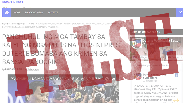 Screengrab of a June 22 newspinas.xyz post claiming the country's crime incidence went down because of the "anti-tambay" police operations. 
