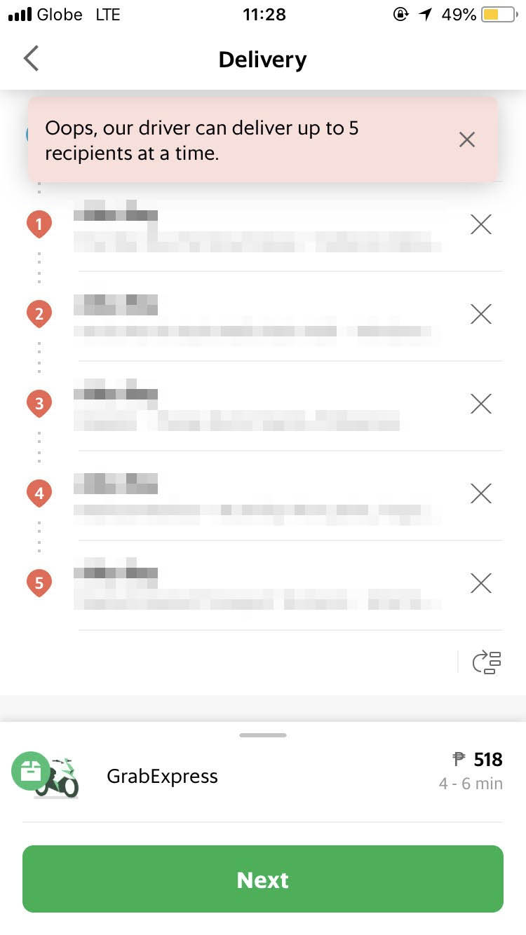 MULTI-STOP. Deliveries can be sent up to 5 people. Grab app screengrab 