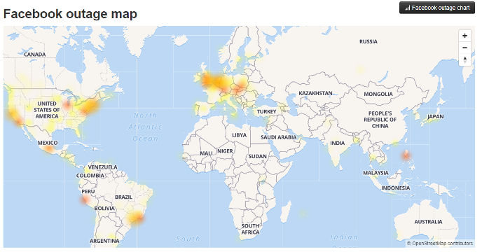 FACEBOOK DOWNTIME. An outage map for Facebook's services as of 12:15 am of October 12, Philippine time. Screen shot from Downdetector.com 