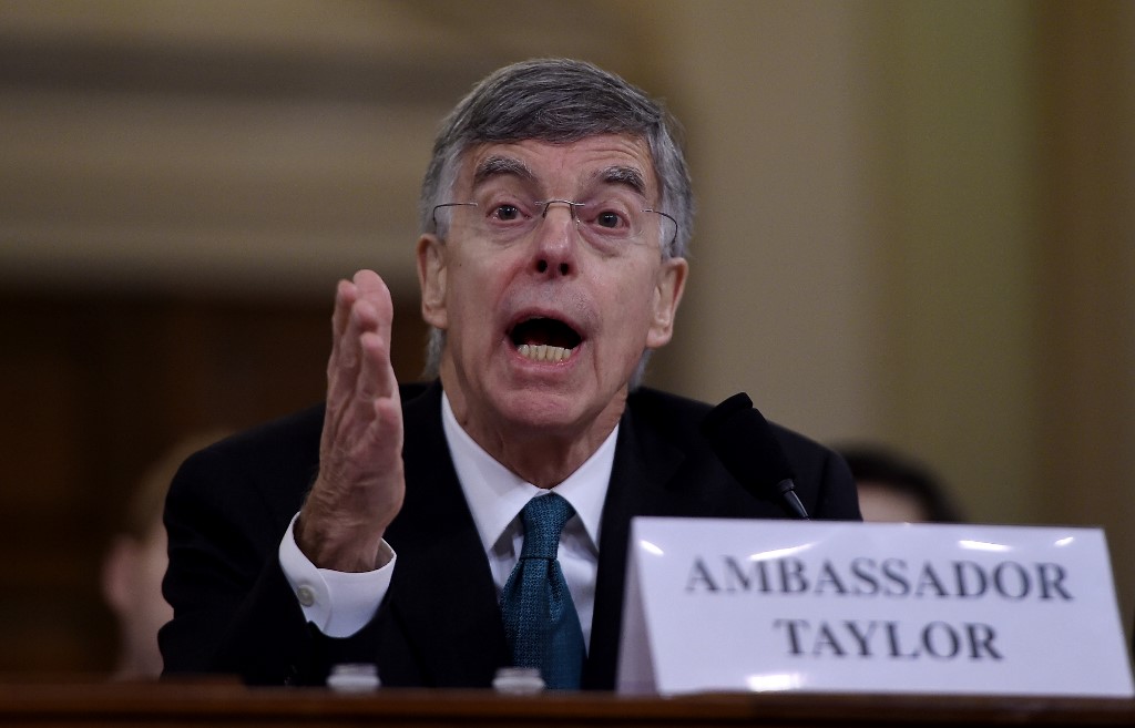 DAY 1. Top US diplomat in Ukraine William Taylor testifies during the House Intelligence Committee on Capitol Hill in Washington, DC on November 13, 2019, at the first public impeachment hearing of President Donald Trump. Photo by Olivier Douliery/AFP   
