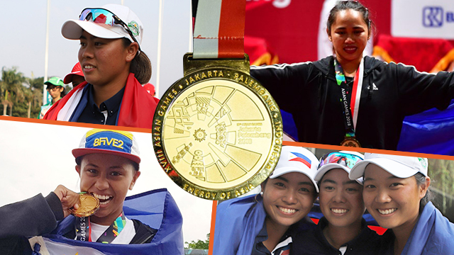 GOLDEN GIRLS. Yuka Saso (top left), Hidilyn Diaz, Margielyn Didal, and the women's golf team share the Athlete of the Year honor in the PSA Awards. Photos by Asian Games media pool (golf), Money Sharma/AFP (Diaz), Philippine Sports Commission (Didal), and Asian Games 2018 Twitter (gold medal)  
