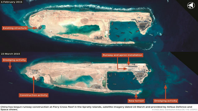 FIERY CROSS. Satellite imagery shows changes to Fiery Cross Reef between February and March 2015, including the beginning of an airfield installation. Image courtesy: CNES 2015, Distribution Airbus DS/Spot Image/IHS  