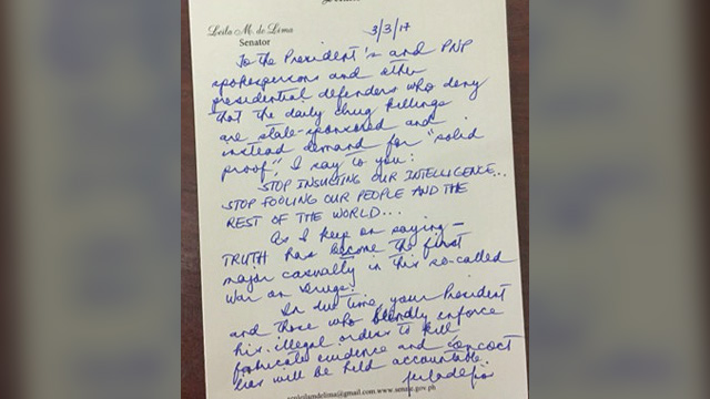 HANDWRITTEN NOTE. Detained Senator Leila de Lima writes another note from her Camp Crame cell on March 3, 2017. Photo from the Office of Senator Leila de Lima     