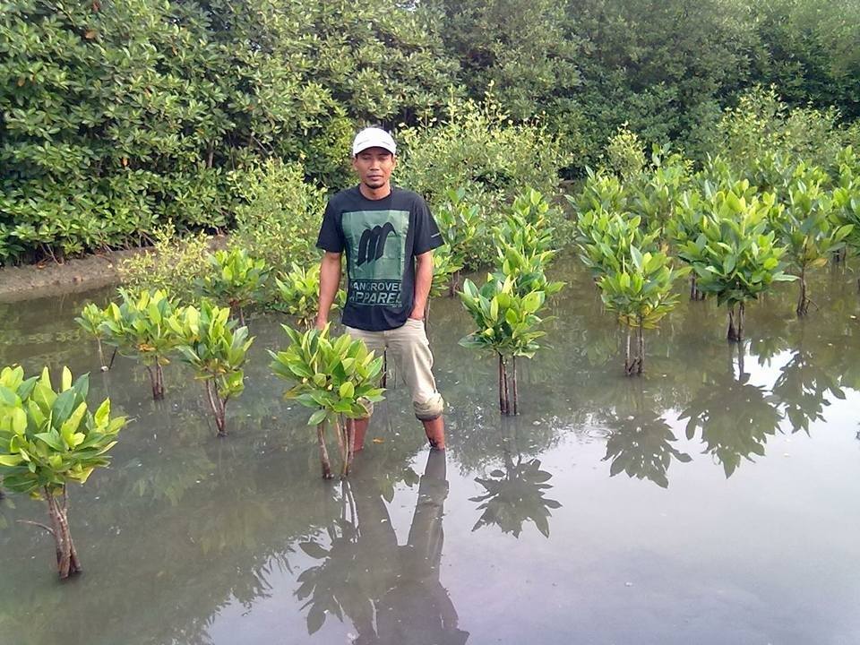 Muhammad Ahsin bersama mangrove yang dipeliharanya. Foto oleh Didik Fitrianto. 