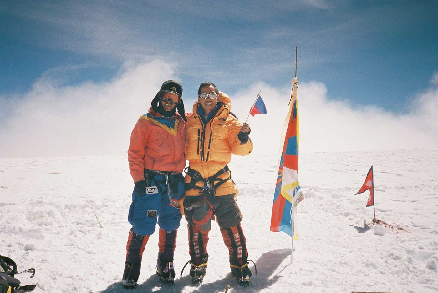 Romi (right) with Lhakpa Rangdu Sherpa at the summit of Mt. Cho Oyu, 2005  