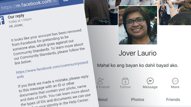 SUSPENDED. The Facebook account of Jover Laurio, the woman behind Pinoy Ako Blog, is suspended. Photo from Pinoy Ako Blog's Twitter account 