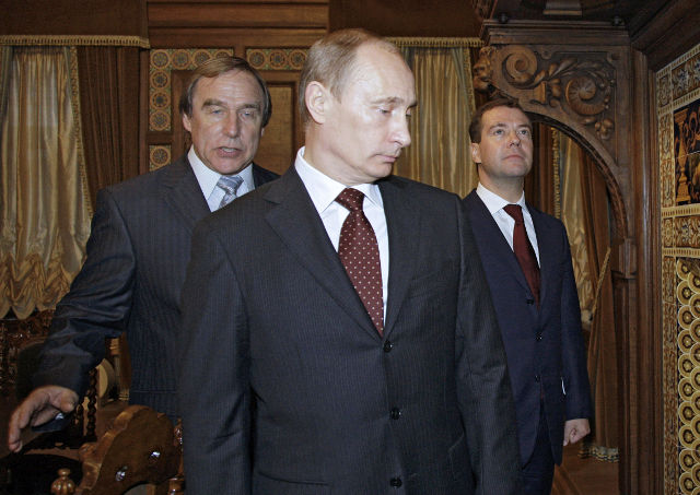 PUTIN. An archive picture made available on 04 April 2016 and dated 21 November 2009 shows Russian cellist Sergei Roldugin (L), then Russian Prime Minister Vladimir Putin (C) and then Russian President Dmitry Medvedev (R) visiting the St. Petersburg House of Music in St. Petersburg, Russia. 