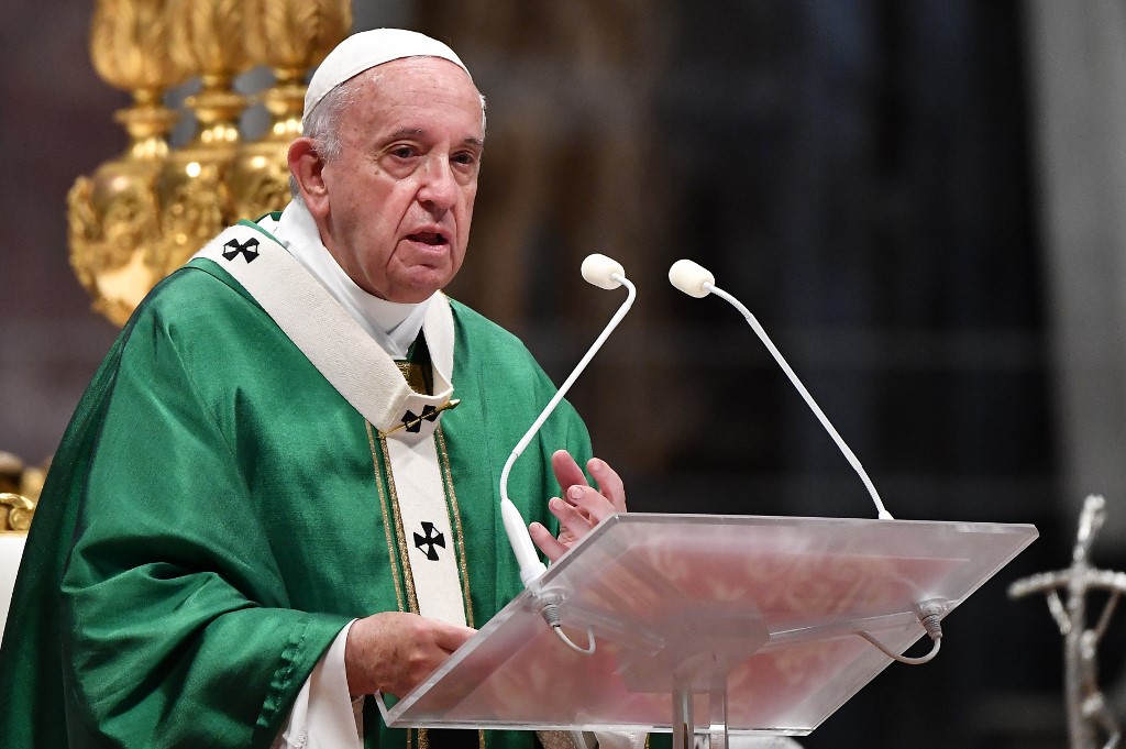POPE FRANCIS. Pope Francis speaks as he celebrates a mass on October 6, 2019 at St. Peter's Basilica in the Vatican, for the opening of the Special Assembly of the Synod of Bishops for the Pan-Amazon Region. Photo by
Tiziana FABI / AFP 