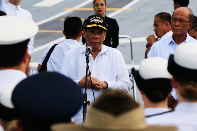 SHIP VISIT. President Rodrigo Duterte delivers a brief message on board Her Majesty's Australian Ship (HMAS) Adelaide III docked at the Pier 15 in Manila onÂ October 10, 2017. Photo by Ben Nabong/Rappler 
