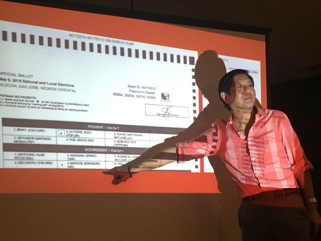 POLL PROTEST. Ex-senator Bongbong Marcos presents a ballot image showing an undervote for him during the 2016 polls. Photo by Mara Cepeda/Rappler 
