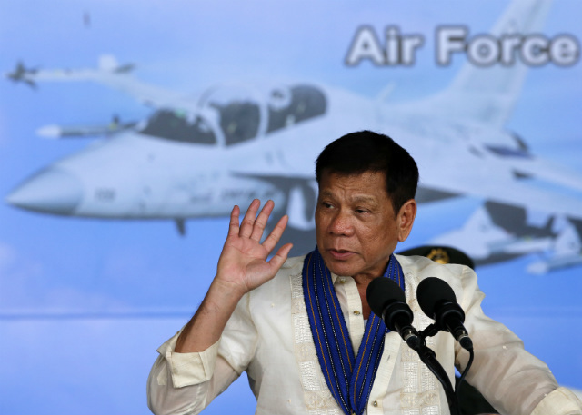 'LET'S TALK.' Philippine President Rodrigo Duterte calls for talks with China during his speech at the anniversary of the Philippine Air Force on July 5, 2016. File photo by Francis Malasig/EPA 