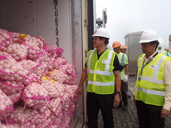 BUSTED. Customs Deputy Commissioner Jessie Dellosa and Batangas District Collector Ernesto Benitez Jr inspect a container van of the seized garlic in Batangas, Wednesday June 11, 2014. Photo from the Bureau of Customs
