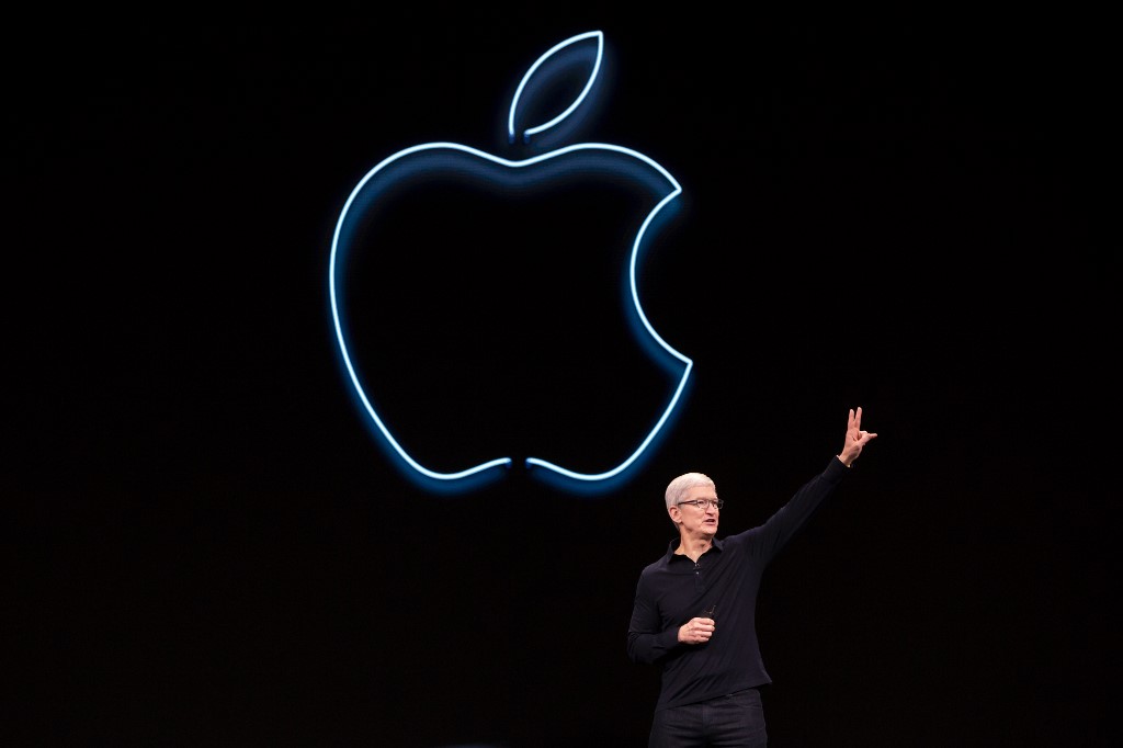 APPLE. In this file photo taken on June 03, 2019 Apple CEO Tim Cook presents the keynote address during Apple's Worldwide Developer Conference (WWDC) in San Jose, California. Photo by Brittany Hosea-Small / AFP 