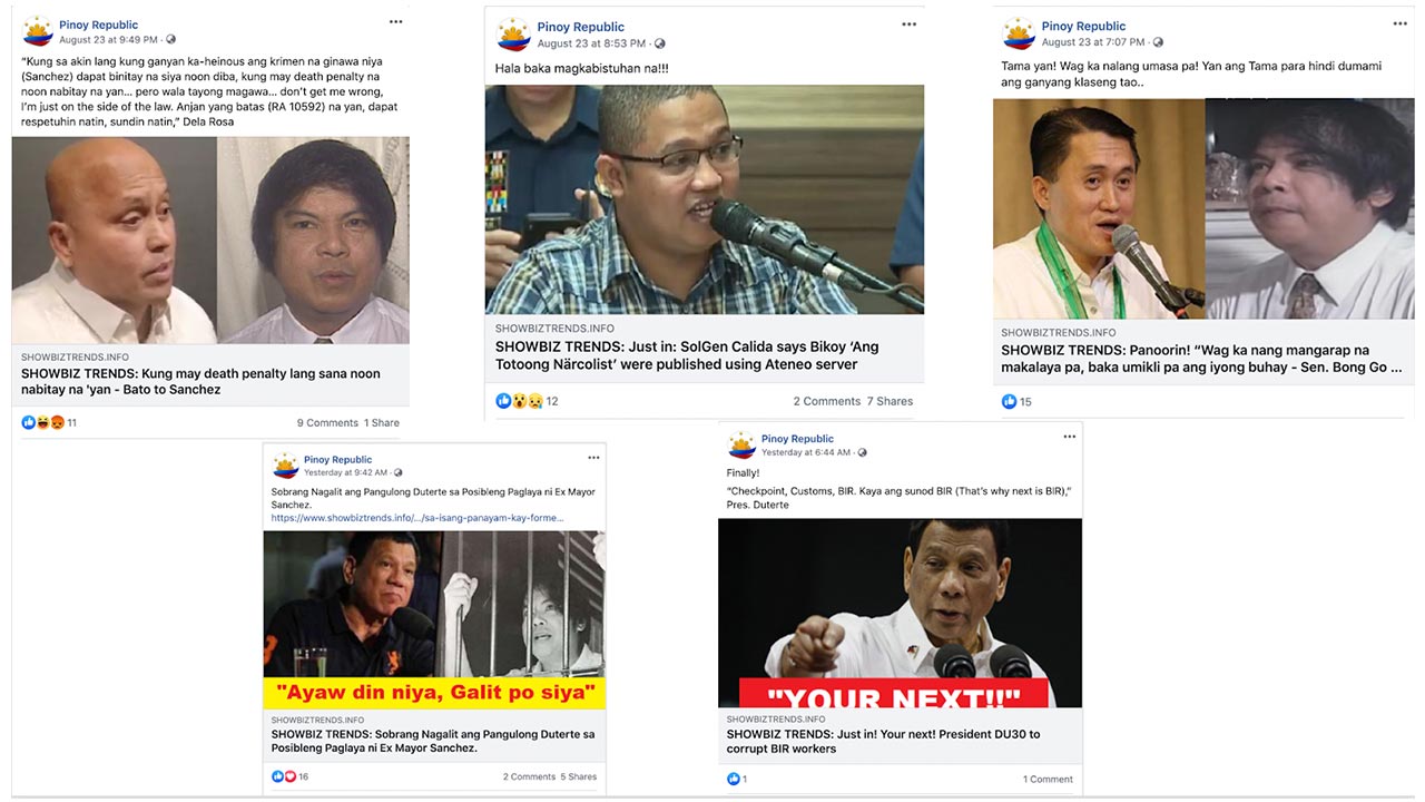 NON-SHOWBIZ. Pinoy Republic often shared articles from website showbiztrends.info, which posts content related to politics instead of show business. 