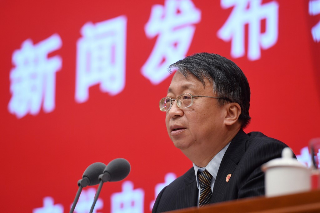 NO DISSENT. Shen Chunyao, director of the Hong Kong, Macau and Basic Law Commission, speaks at a press conference in Beijing on November 1, 2019. Photo by Greg Baker/AFP   