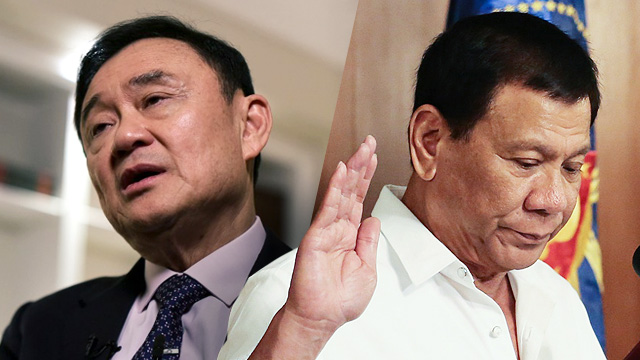 LEADING DRUG WARS. Thailand's Thaksin led a bloody drug war similar to that being led by the Philippines' Duterte. Thaksin photo by Jewel Samad/AFP, Duterte photo from PPD 