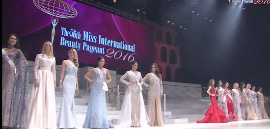 Lima belas finalis Miss Internatonal 2016. Mereka berasal dari Nikaragua, Indonesia, Finlanida, Meksiko, AS, Jepang, El Salvador, Kanada, Republik Dominika, Argentina, Filipina, Australia, Rusia, Thailand dan Polandia. 