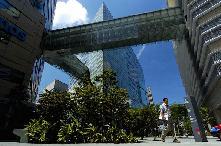 CONNECTED. Bridges connect the different buildings within the Biopolis complex, meant to ease mobility of scientists & researchers between different labs and to foster collaboration. Image courtesy A*STAR