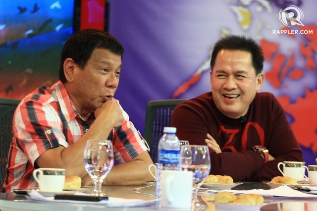'LONG-TIME' FRIENDS. Rody Duterte and Pastor Apollo Quiboloy catch up at the end of Election Day in 2016 in Davao City. File photo by Manman Dejeto/Rappler 