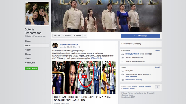 SOCIAL MEDIA. One of the Facebook pages which shared the story on Sereno. 