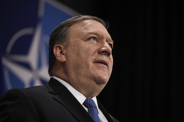 POMPEO. US Secretary of State Mike Pompeo gives a press conference during a NATO Foreign ministers' meeting at the NATO headquarters in Brussels on April 27, 2018. File photo by John Thys/AFP 