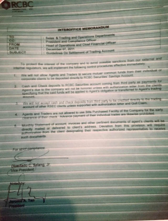 INTEROFFICE MEMO. A memo signed by RSEC President Jerome Tan and Vice President Diosdado Salang Jr implements control procedures on December 7.  