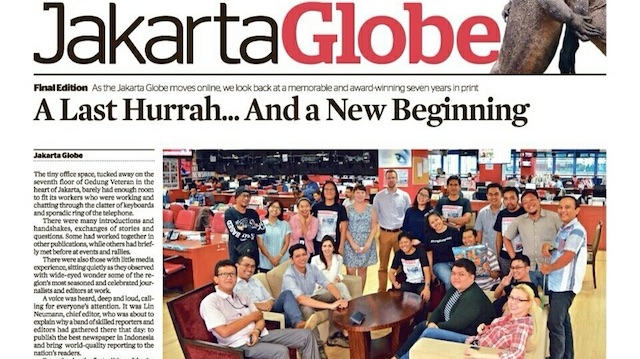 MOVE TO DIGITAL. Jakarta Globe prints its final print edition. Screenshot of the Globe's front page 